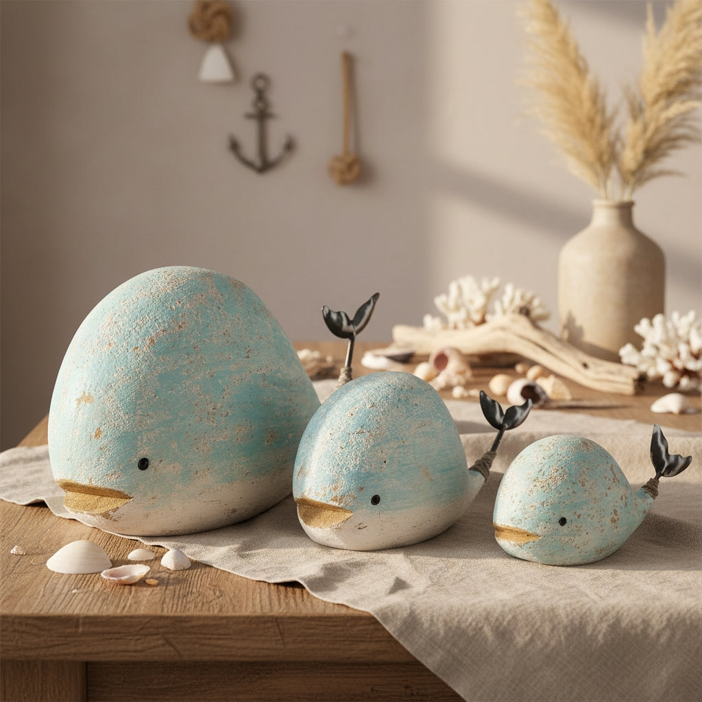 Lot de 3 figurines de baleine en bois de paulownia – Blanc/Bleu clair (S) + (M) + (L)