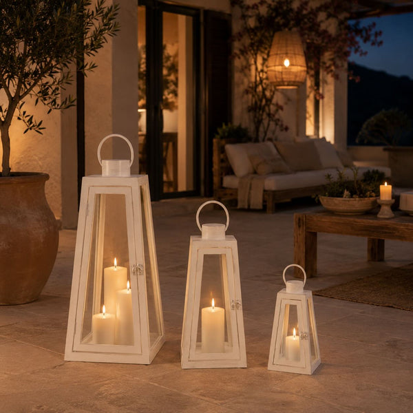3er Set - Weiße Glaslaterne mit LED-Kerze (S) + (M) + (L)