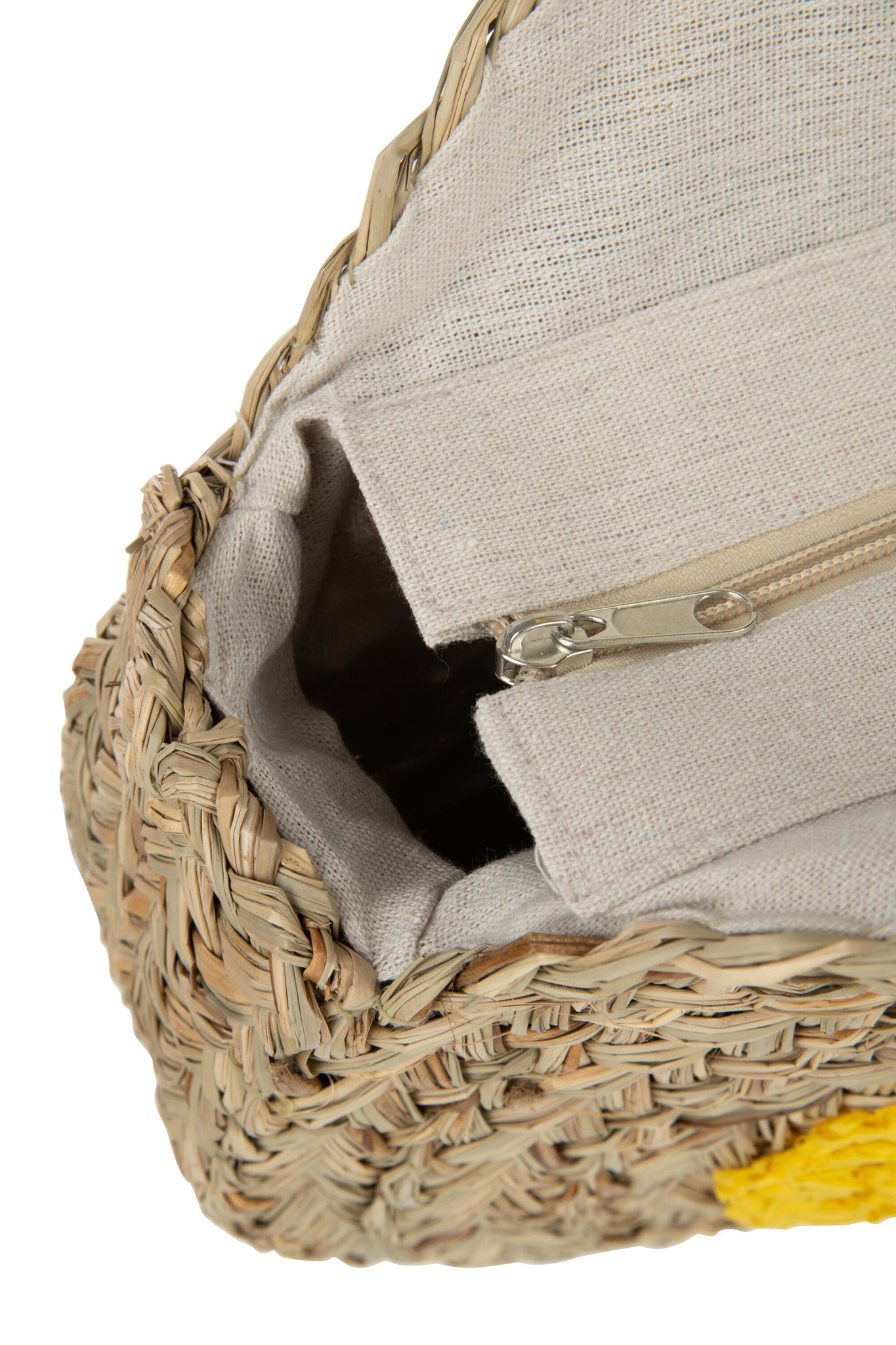 Runde Strandtasche aus Seegras mit Blumenmuster, Natur/Gelb
