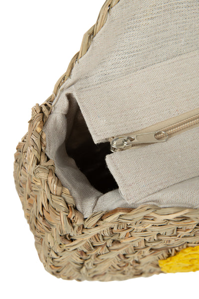 Runde Strandtasche aus Seegras mit Blumenmuster, Natur/Gelb