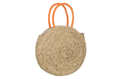 Runde Strandtasche aus Seegras mit Blumenmuster, Natur/Orange