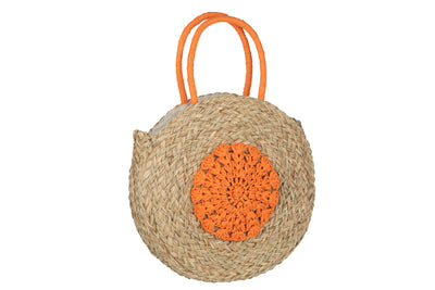 Runde Strandtasche aus Seegras mit Blumenmuster, Natur/Orange