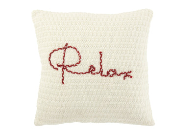 Strickkissen Relax in Weiß mit roter Stickerei