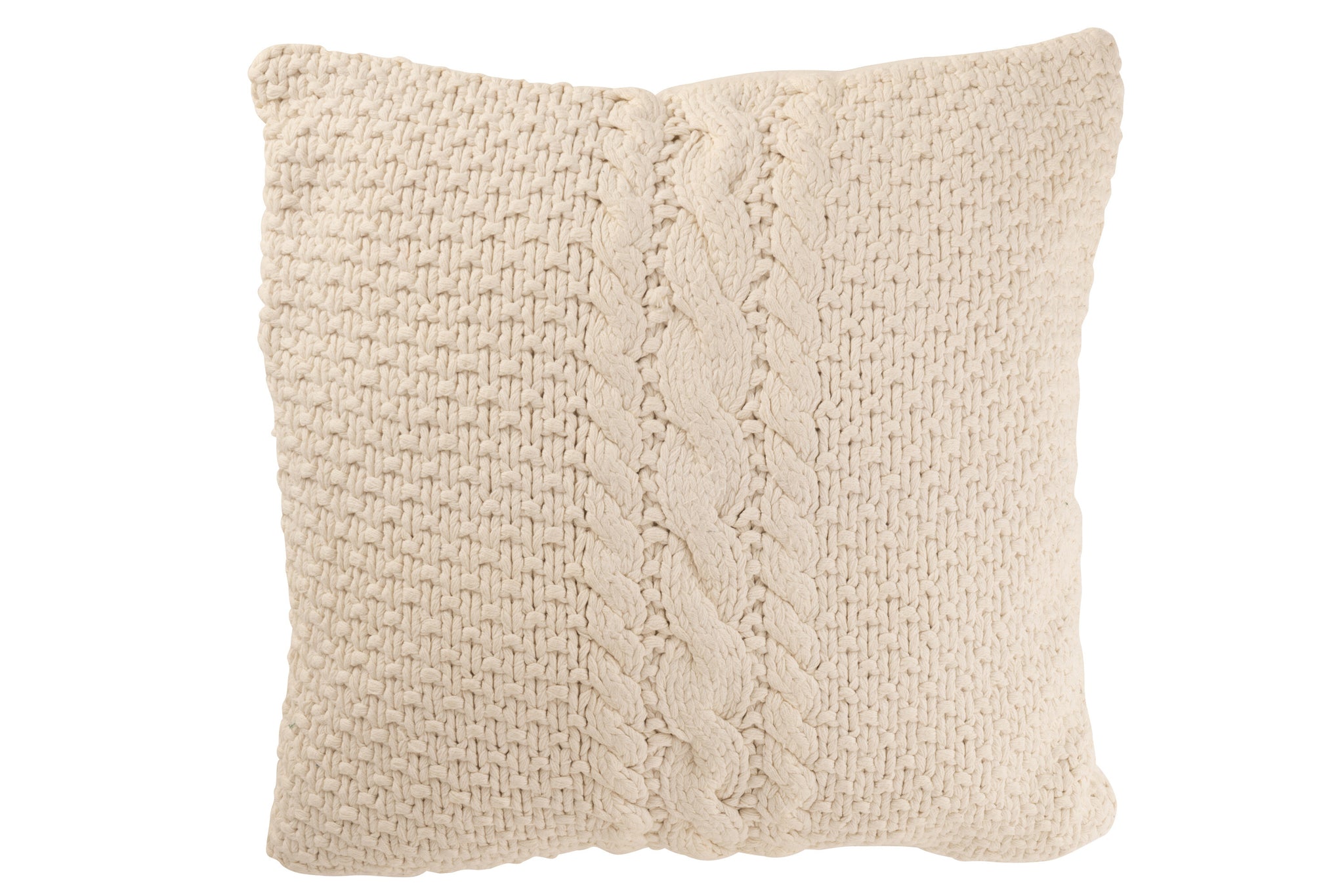 Weißes Dekokissen mit gestricktem Zopfmuster in hochwertiger Strickoptik