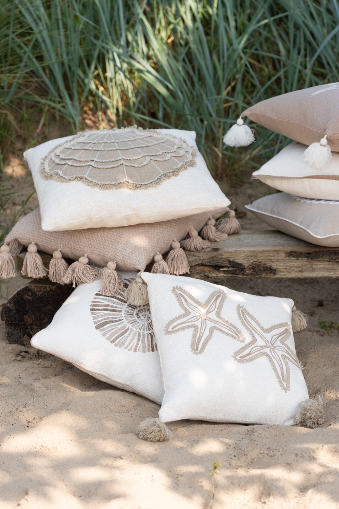 3er Set - Maritimes Kissen, Seestern, Muschel, Beige