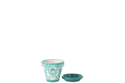 Handbemalter Keramik Blumentopf Aqua Weiß mit Untersetzer