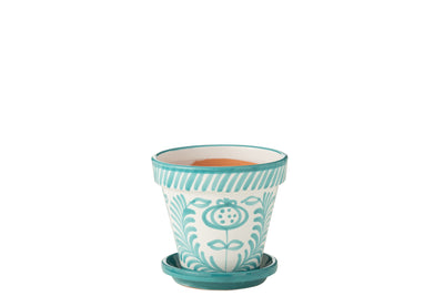 Handbemalter Keramik Blumentopf Aqua Weiß mit Untersetzer