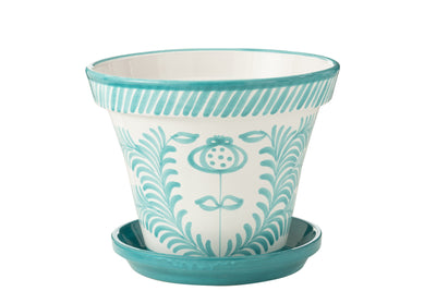 Großer handbemalter Keramik Blumentopf Aqua Weiß mit Untersetzer