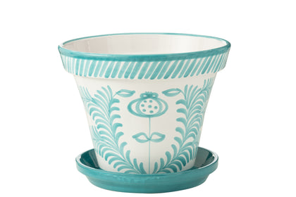 Großer handbemalter Keramik Blumentopf Aqua Weiß mit Untersetzer