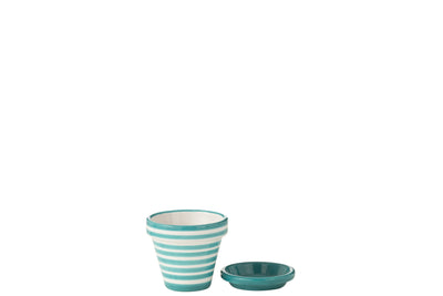Blumentopf mit Untersetzer Granada Stripes Aqua Weiß
