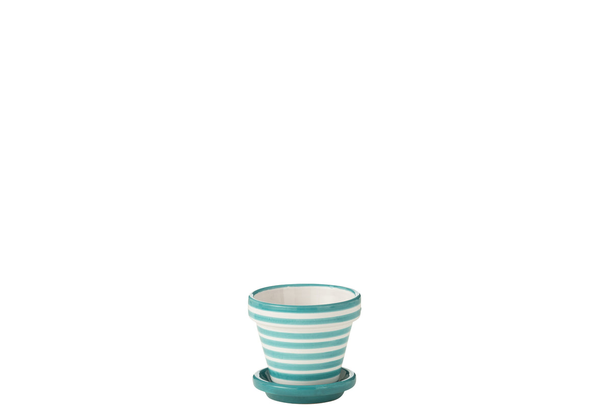 Handbemalter Keramik Blumentopf Aqua Weiß mit Untersetzer