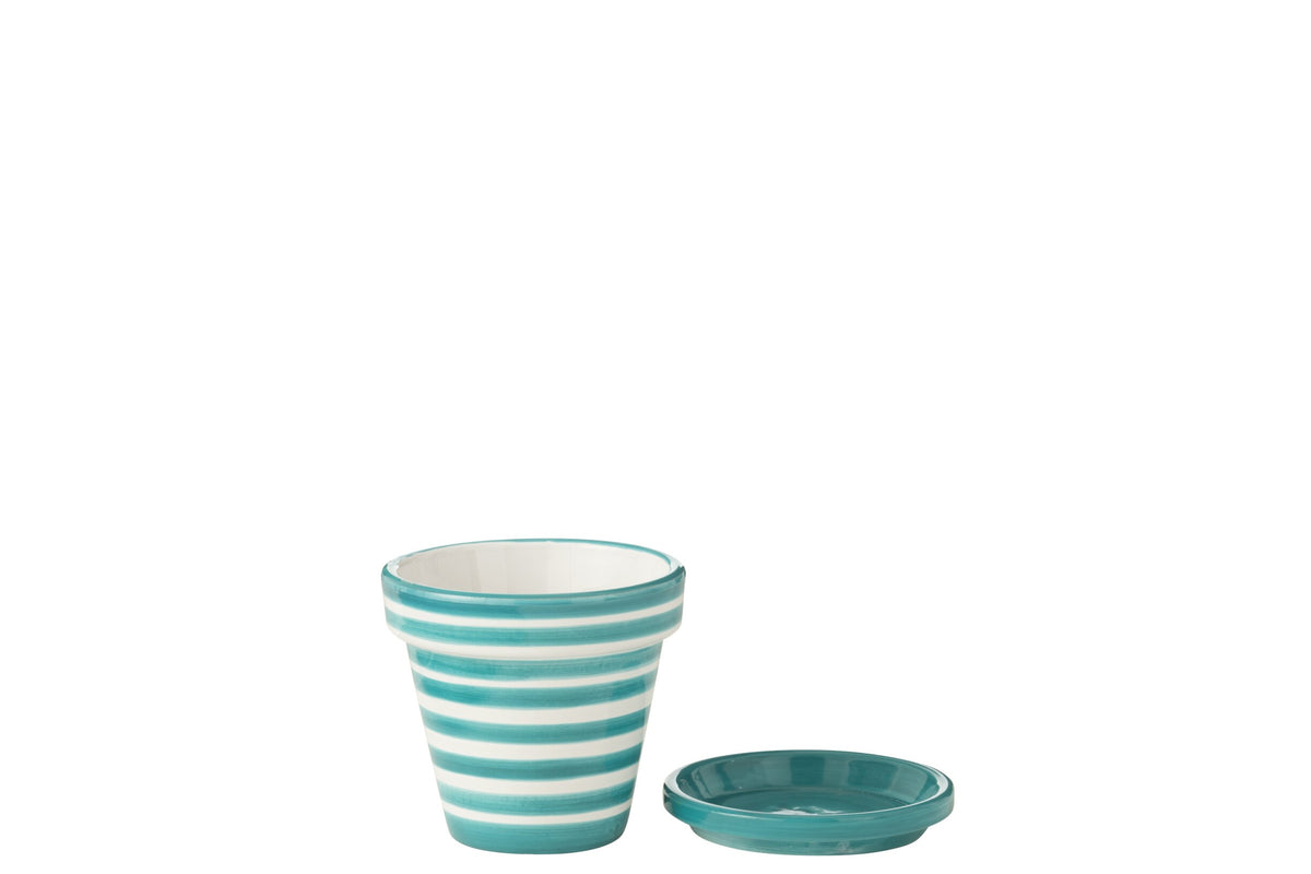 Maceta + plato Granada Rayas hecho a mano/pintado a mano Cerámica Agua/Blanco pequeño