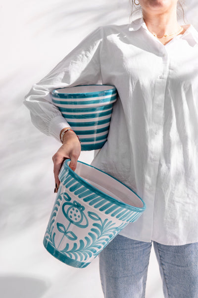 Cache-pot + soucoupe Granada-Streifen, Aqua/Blanc (S)