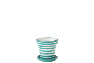 Cache-pot + soucoupe Granada-Streifen, Aqua/Blanc (S)