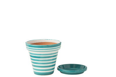 Blumentopf mit Untersetzer Granada Stripes Aqua Weiß M