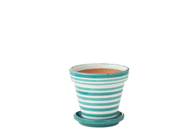 Handbemalter Keramik Blumentopf Aqua Weiß mit Untersetzer