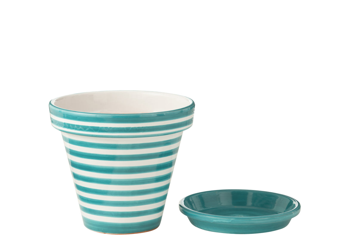 Blumentopf mit Untersetzer Granada Stripes Aqua Weiß L