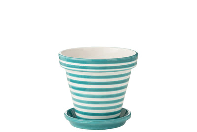 Pot de fleurs et soucoupe Granada-Streifen, Aqua/Blanc (L)