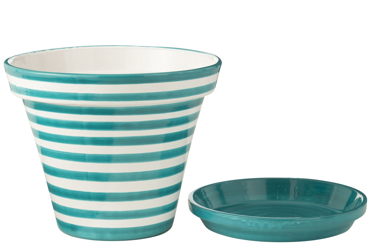 Blumentopf mit Untersetzer Granada Stripes Aqua Weiß XL