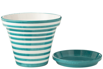 Blumentopf mit Untersetzer Granada Stripes Aqua Weiß XL