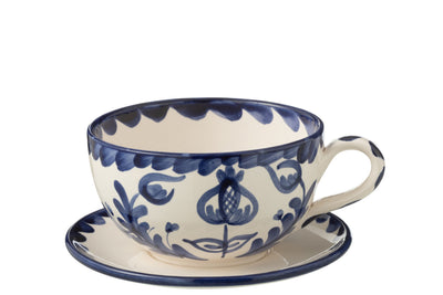 Tasse und Teller Granada Keramik weiß/kobaltblau