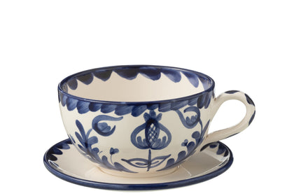 Taza y plato Granada cerámica blanco/azul cobalto
