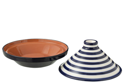 Tajine Granada Streifen Keramik Weiß Kobaltblau