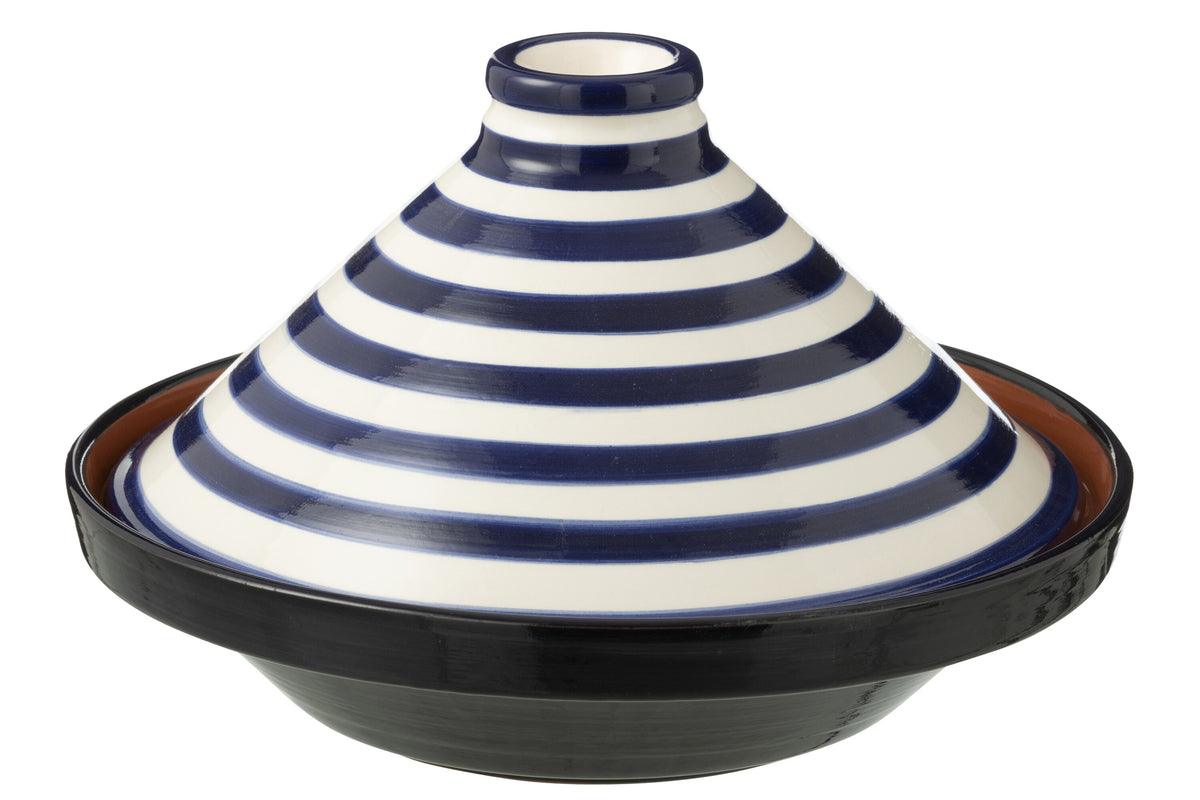 Keramik Tajine Weiß Kobaltblau mit Granada Streifenmuster