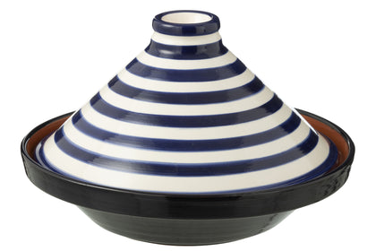 Keramik Tajine Weiß Kobaltblau mit Granada Streifenmuster