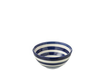 Kleine Keramikschale mit blauem Streifenmuster
