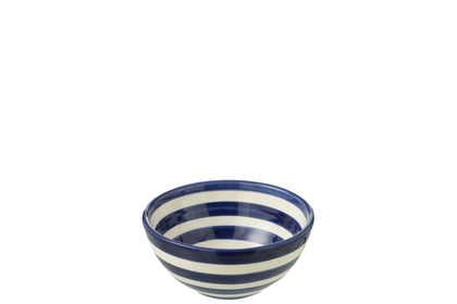 Kleine Keramikschale mit blauem Streifenmuster
