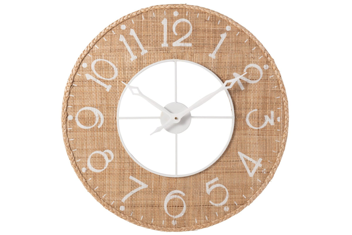 Runde Wanduhr aus MDF und Schilf Natur Weiß