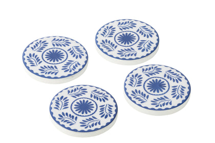 4er-Set Untersetzer aus Mangoholz blau weiß mit Blumenmuster