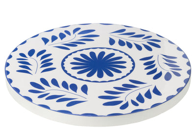 Serviertablett  mit Blumenmuster, Mangoholz, blau/weiß