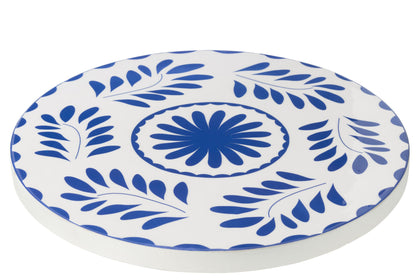 Serviertablett  mit Blumenmuster, Mangoholz, blau/weiß