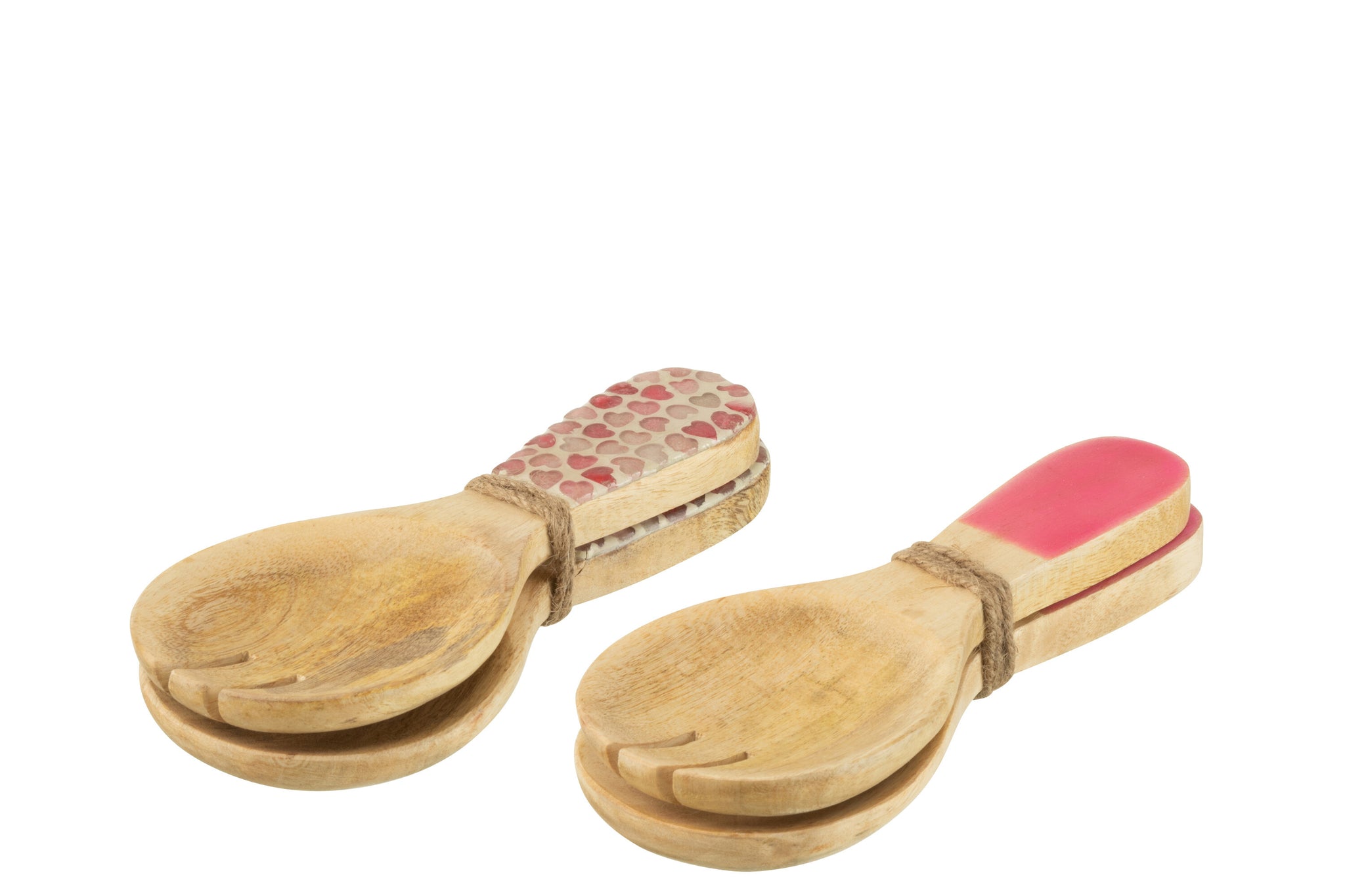 Salatbesteck aus Mangoholz mit pinken Griffdetails im 2er Set