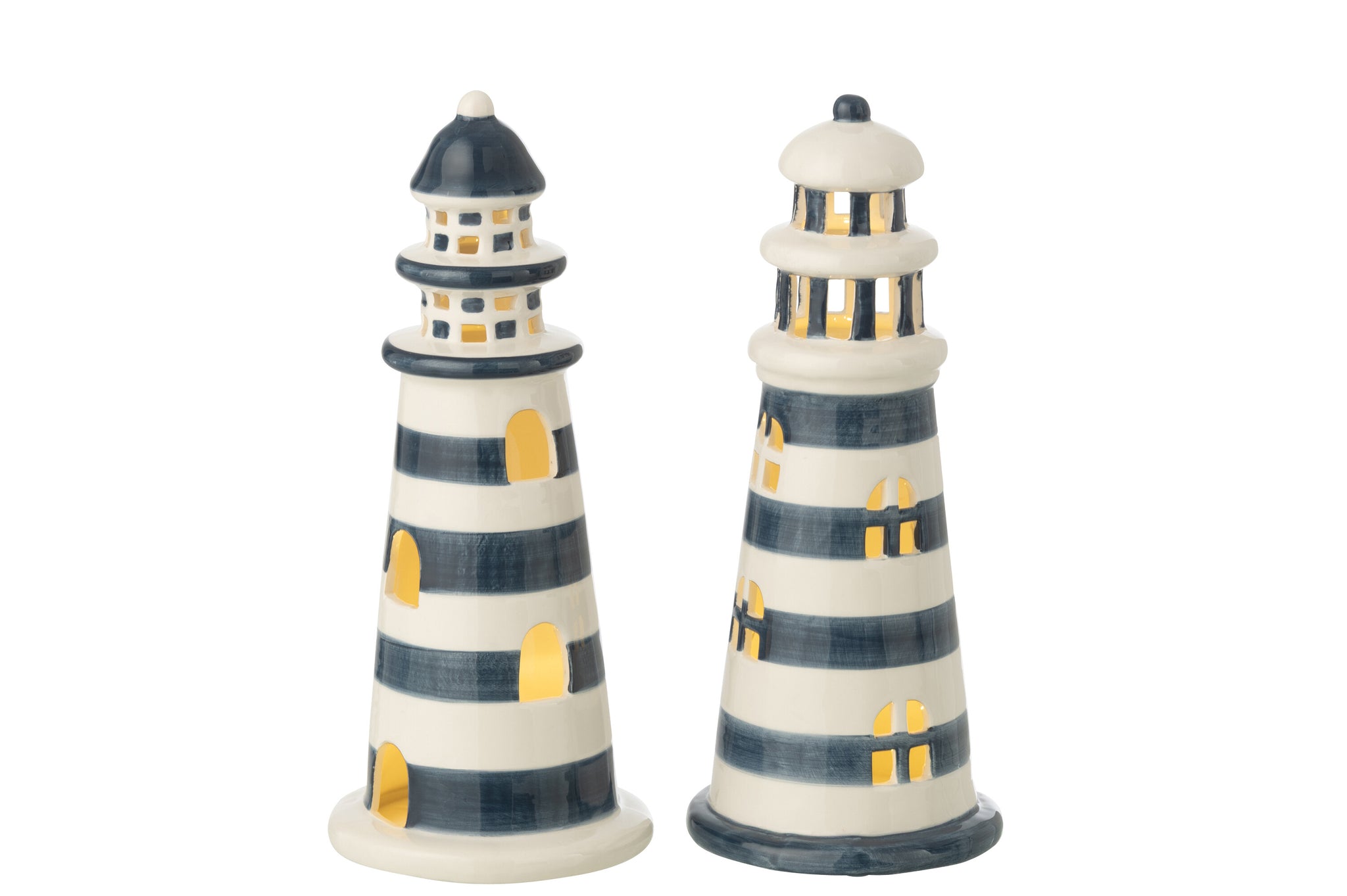 Phare LED rayé en porcelaine blanche/bleue, grand format (lot de 2)