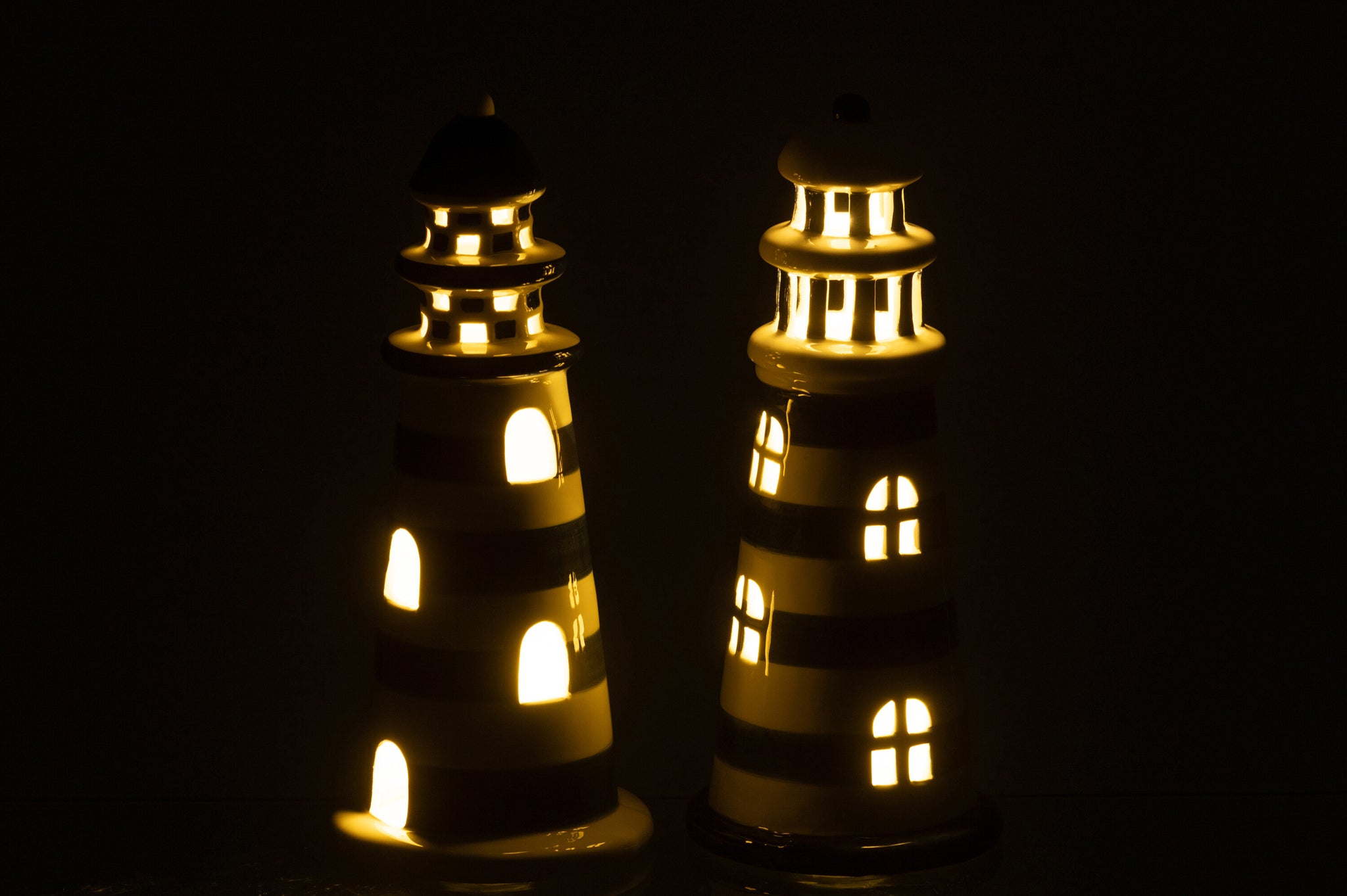 Phare LED rayé en porcelaine blanche/bleue, grand format (lot de 2)