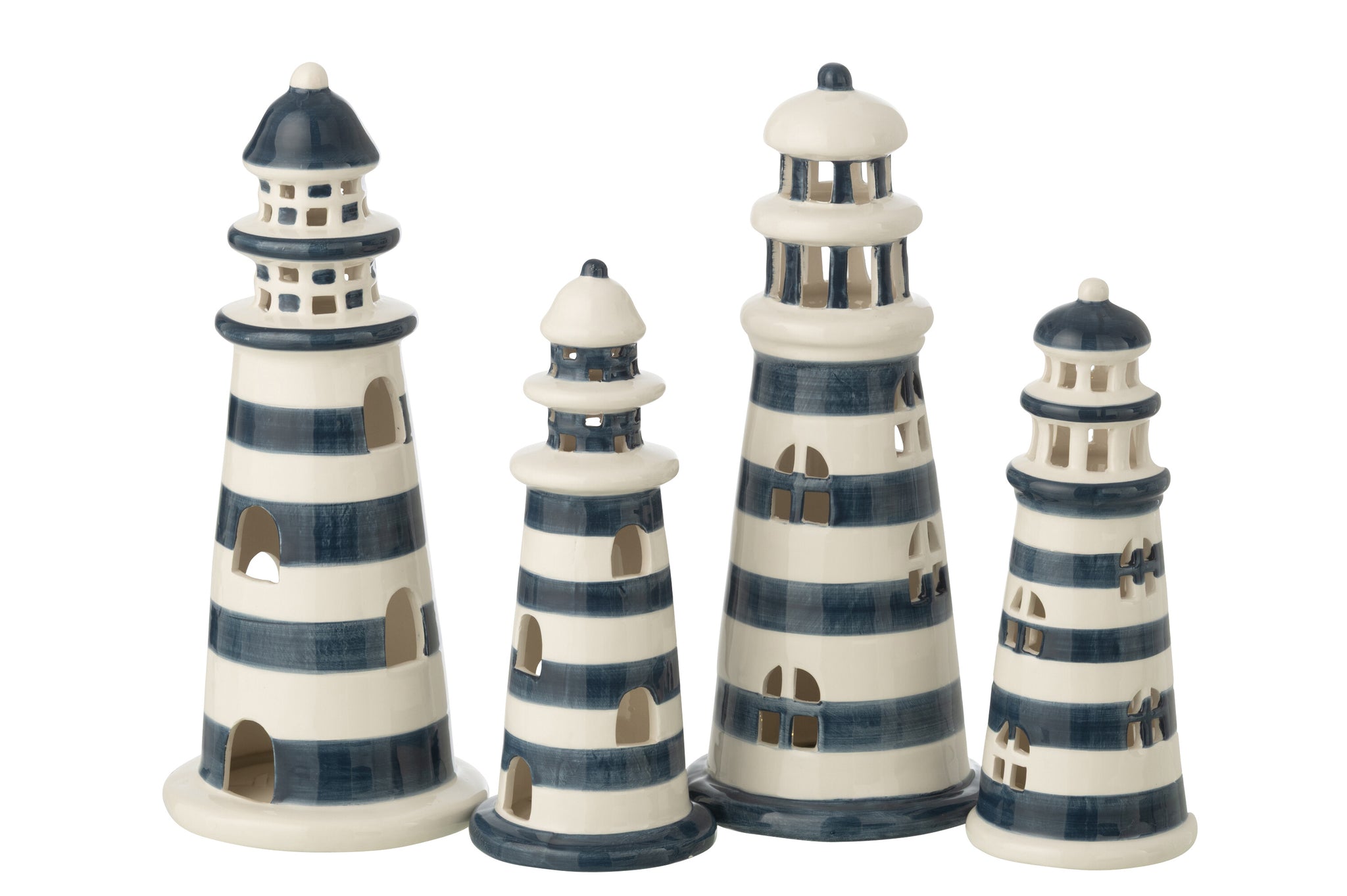 Phare LED rayé en porcelaine blanche/bleue, grand format (lot de 2)