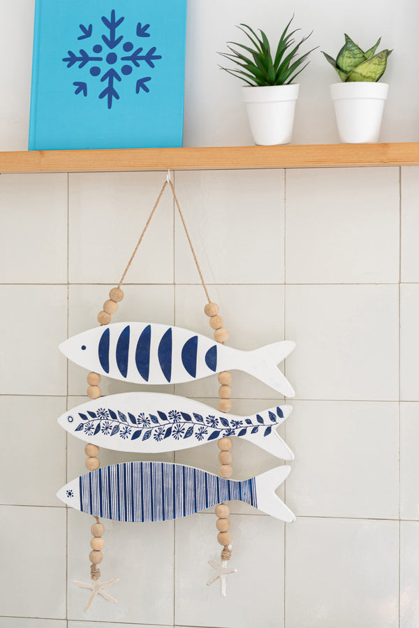 Colgador de pez, estampado, MDF/cuerda, azul/blanco
