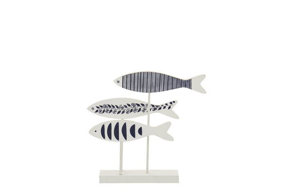 Pescado sobre pedestal, estampado mixto, MDF, azul/blanco, pequeño