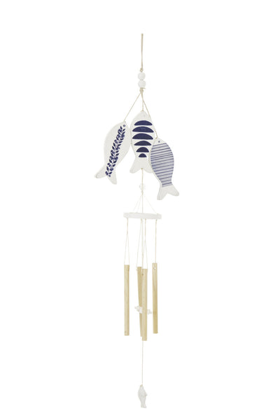 Móvil de viento con forma de pez, estampado, MDF/cuerda, azul/blanco