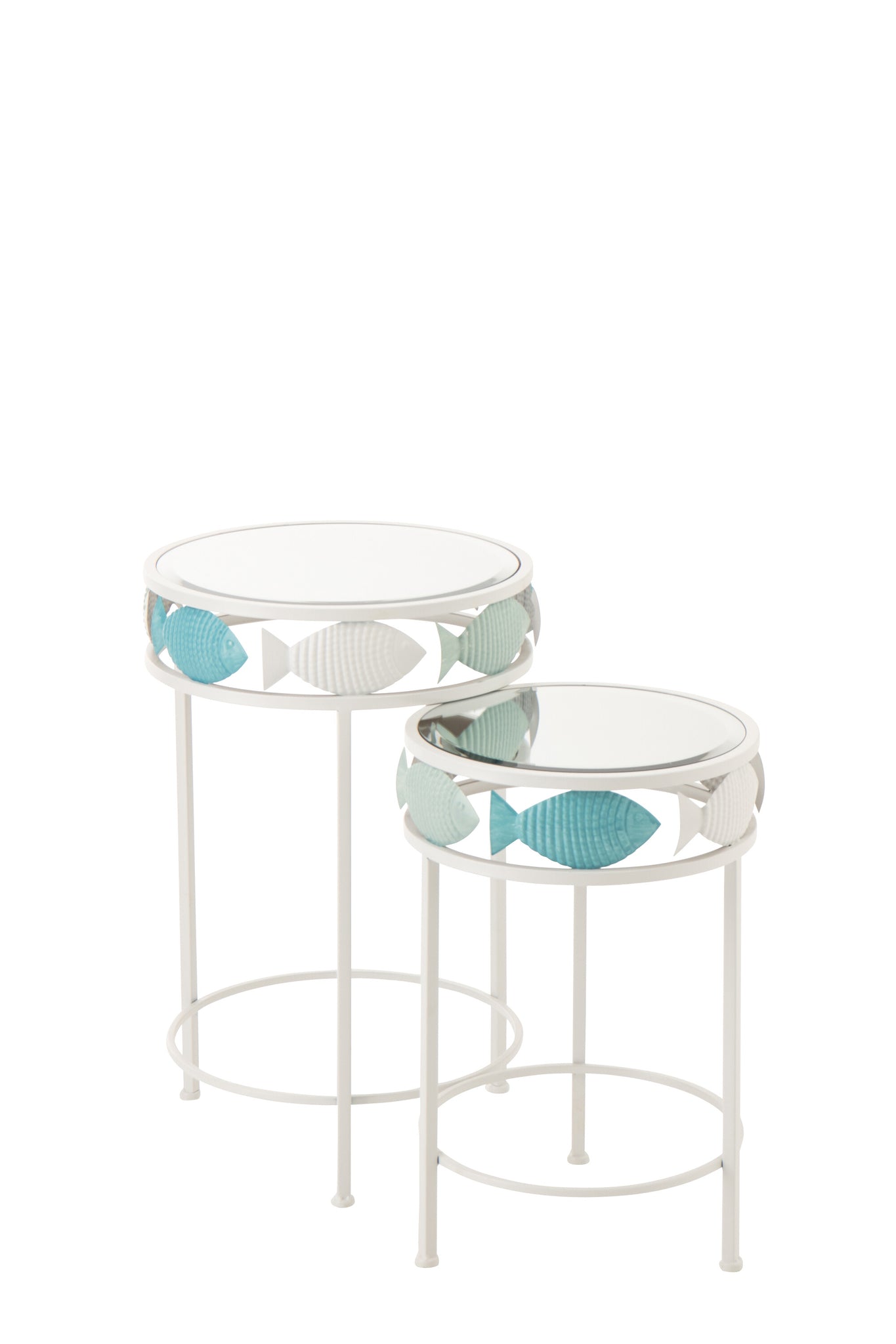 Set aus 2 Beistelltischen in Fischform, aus Eisen, hellblau/weiß