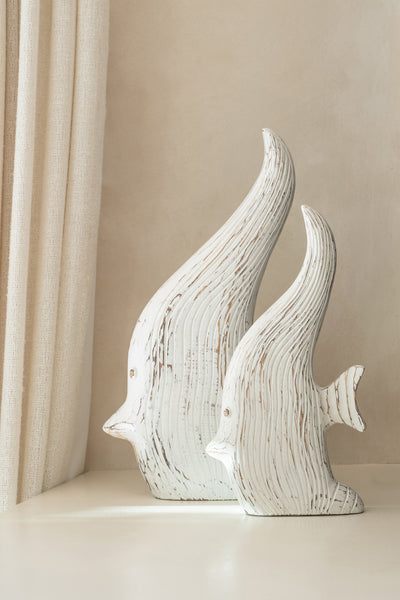 Fisch Dekofigur aus Holz in Off White im maritimen Stil