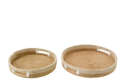 Set aus 2 dekorativen Tabletts aus Stroh – Natur/Weiß