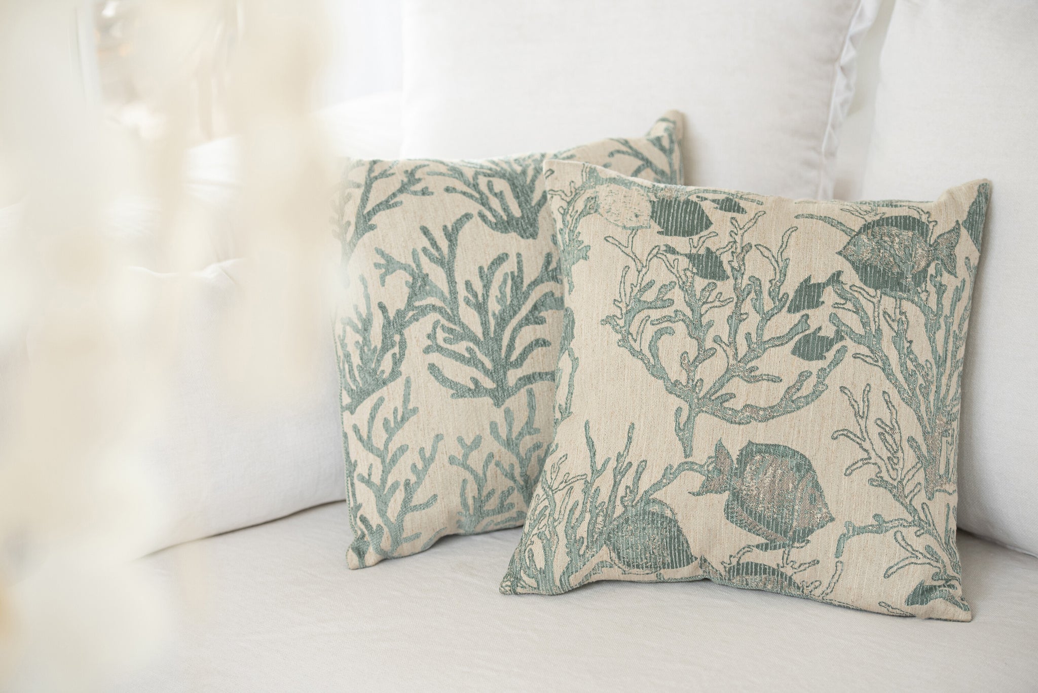 Kissen-Set Korallen & Streifen – Blau / Off-White (3er-Set)