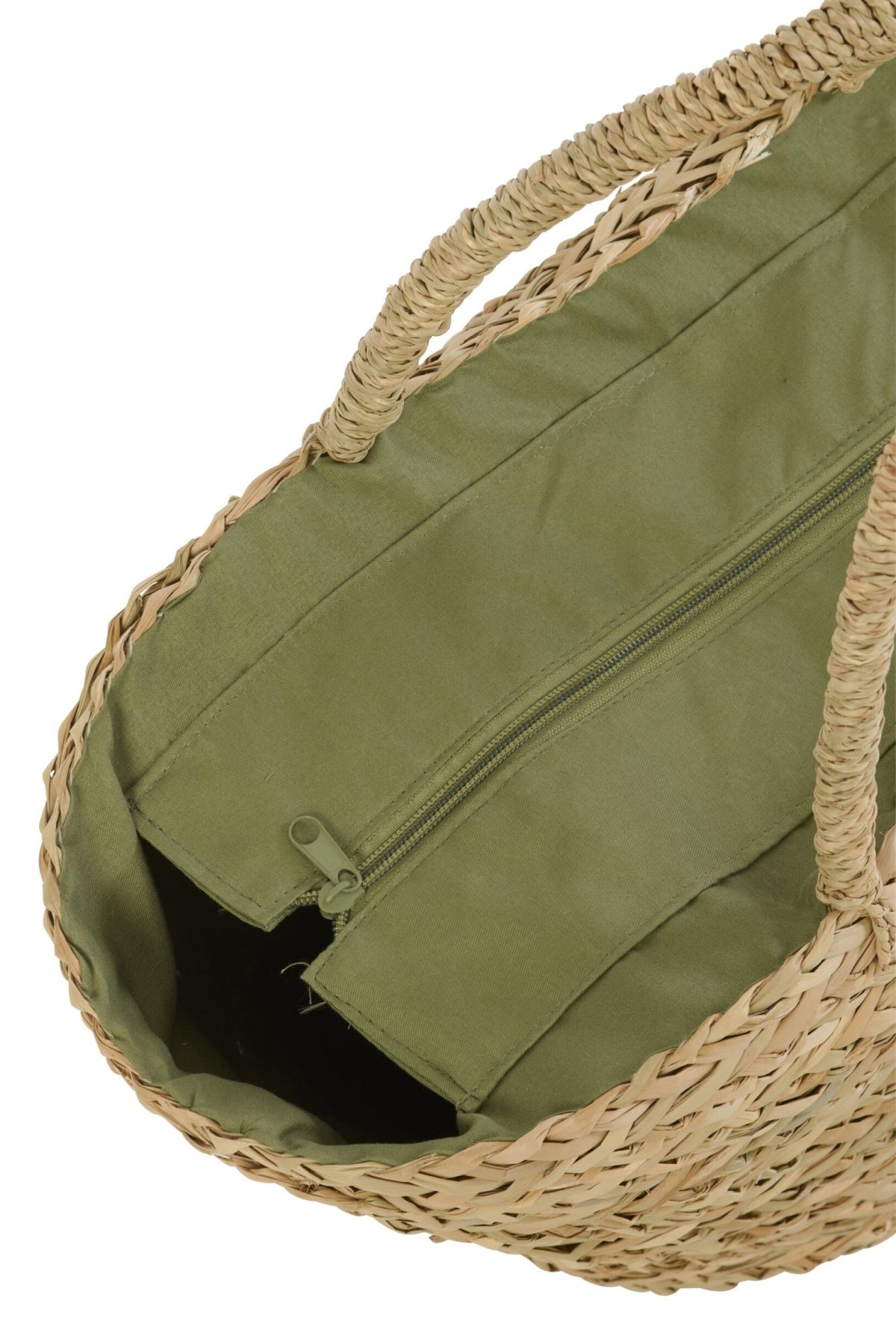 Seegras Korbtasche Natur Olive mit dekorativem Blattmuster