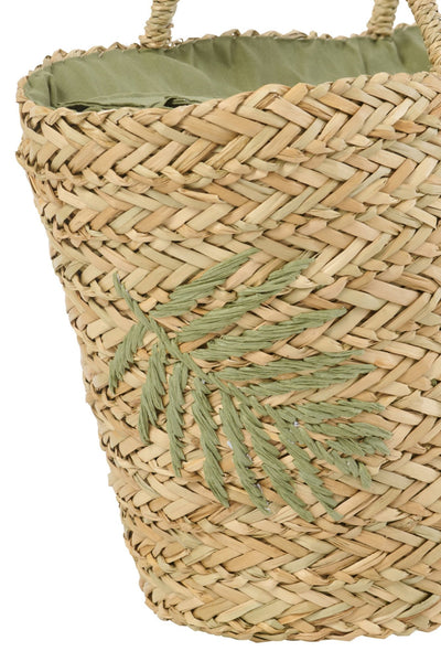 Geflochtene Seegras Tasche mit Blattmuster in Natur und Olive