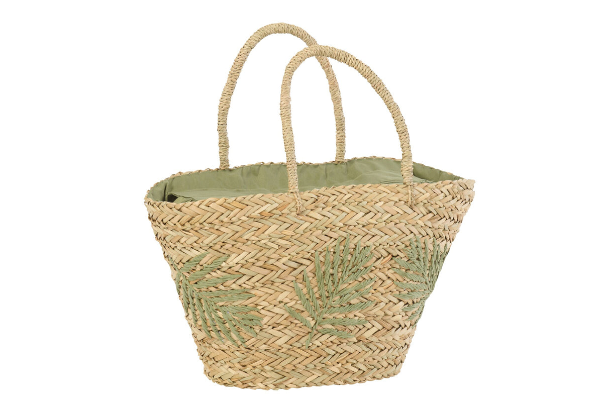 Korbtasche aus Seegras mit Blattmuster Natur Olive