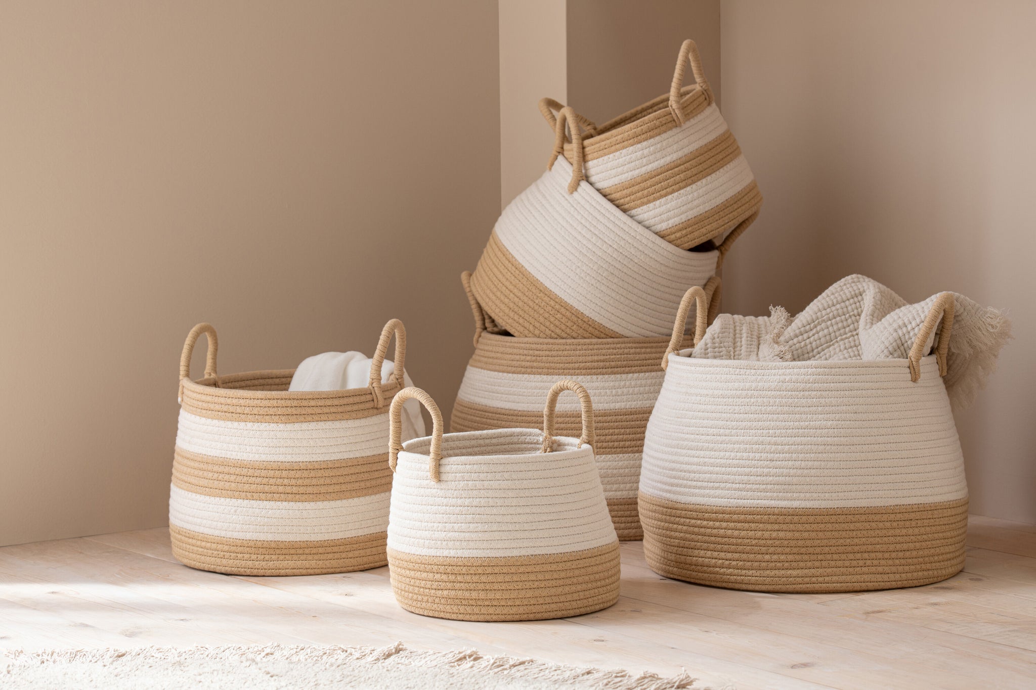 Aufbewahrungskorb mit Griff Rund Natur/Weiß (3er Set)